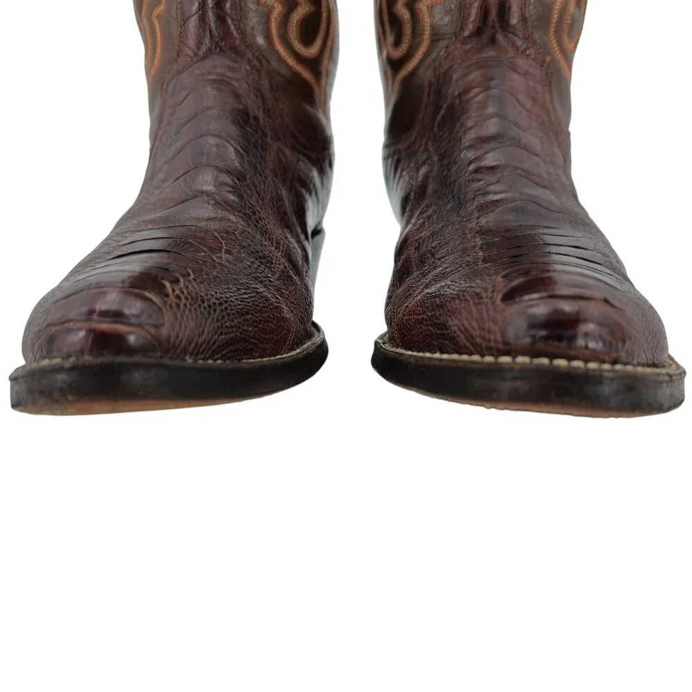 Vintage Exotic Ostrich Leg Mens 8.5D Tobacco Brown Leather Cowboy Western Boots - Picture 10 of 13